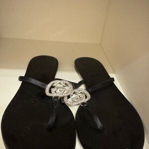 Gucci Black Satin Crystal GG Interlocking Sandals